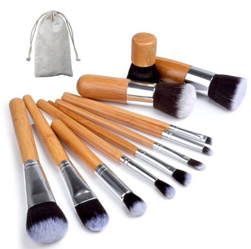 11pcs Professional Private Label Premium Synthetic Bamboo Makeup Brush Set Gunny Makeup Brush Bag